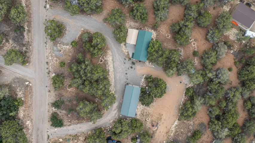 Multiple structures with metal roofing, surrounded by mature trees and natural landscaping