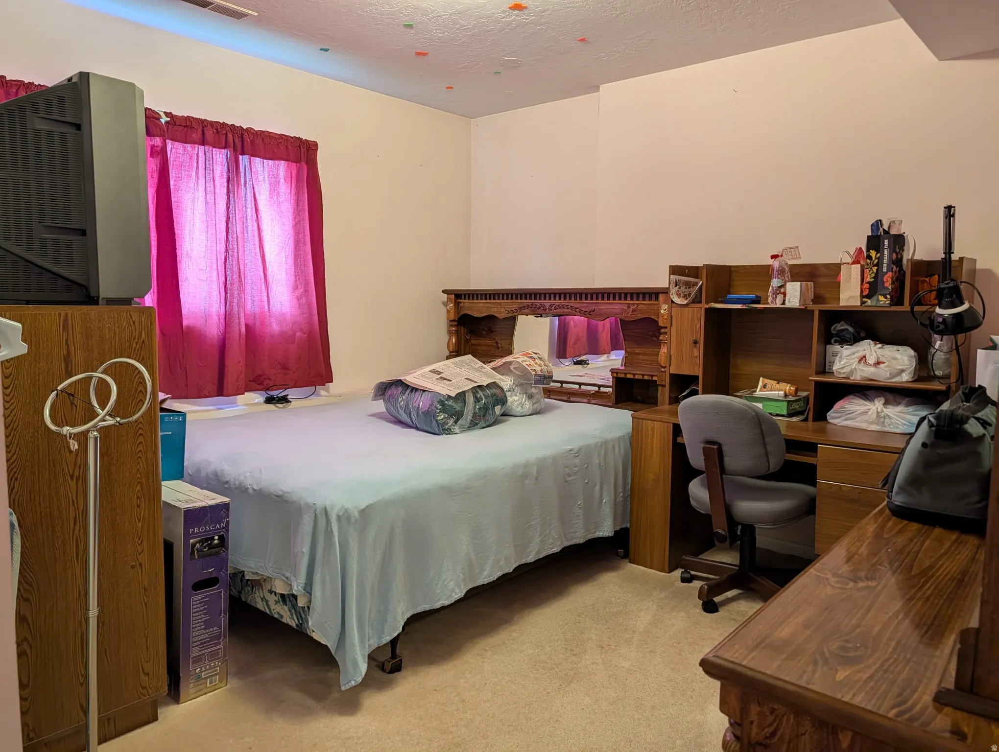 Bedroom featuring light carpet, a textured ceiling, and an office area