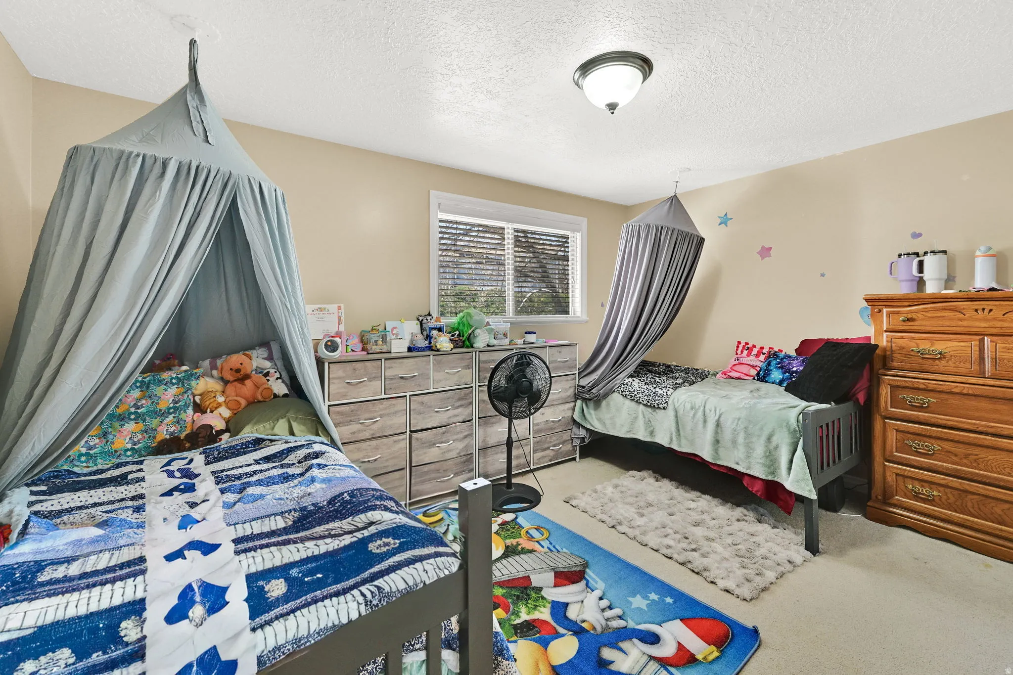 Carpeted bedroom with a textured ceiling
