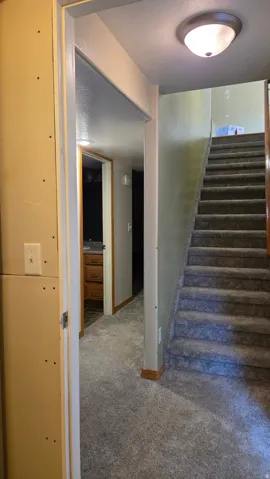 Staircase featuring carpet floors and a textured ceiling