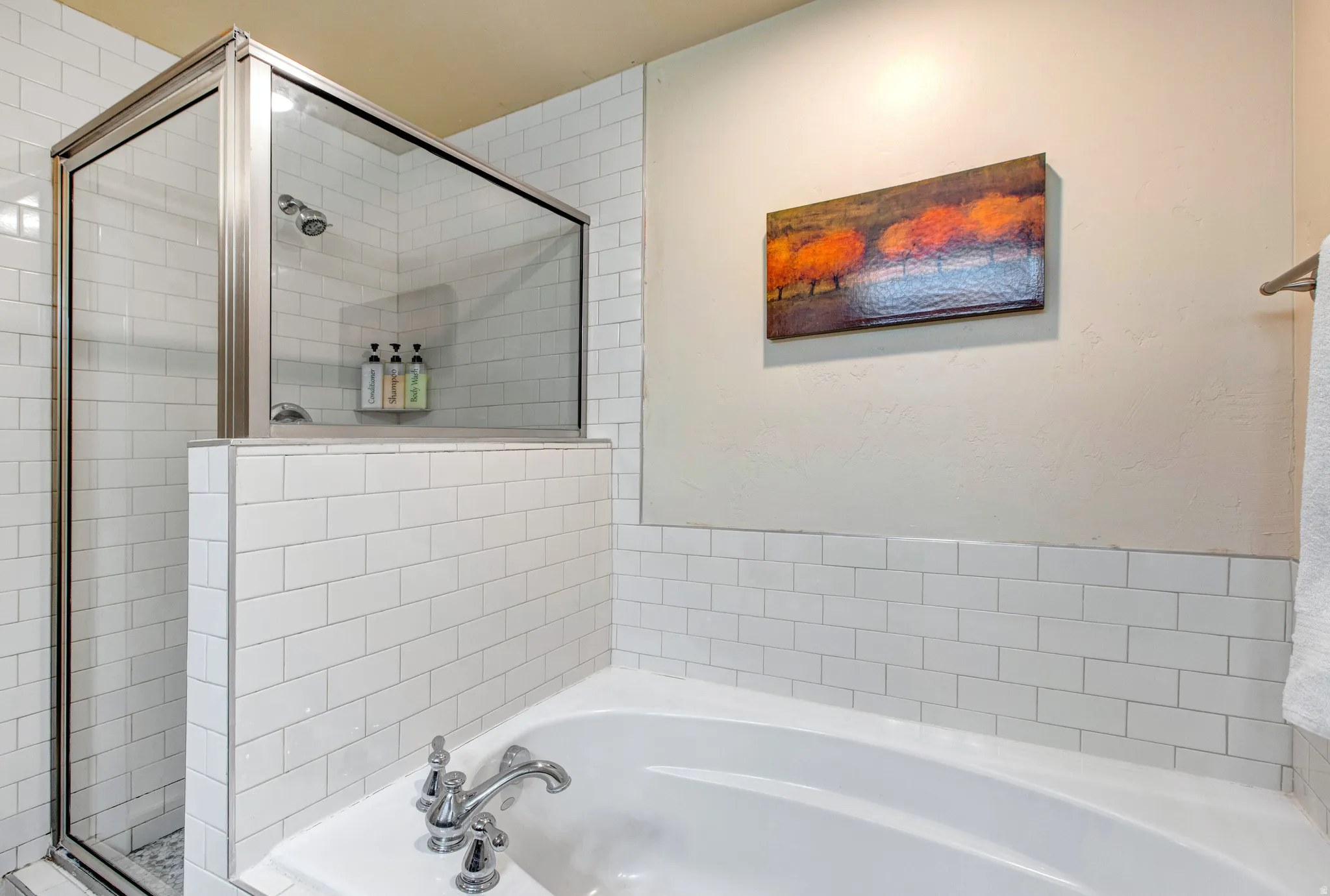 Full bathroom with a garden tub and a stall shower