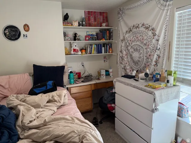 Bedroom with built in study area, carpet floors, and multiple windows