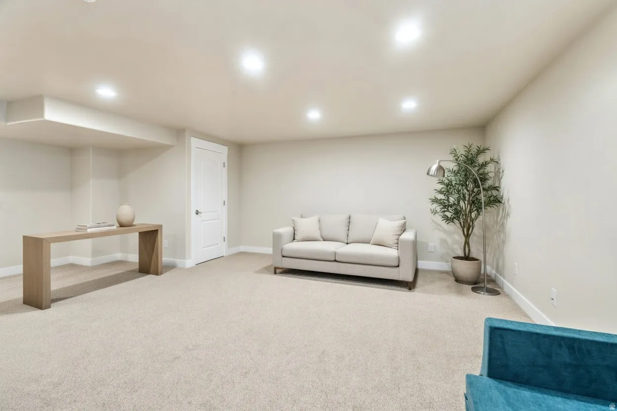Living area featuring light colored carpet and recessed lighting