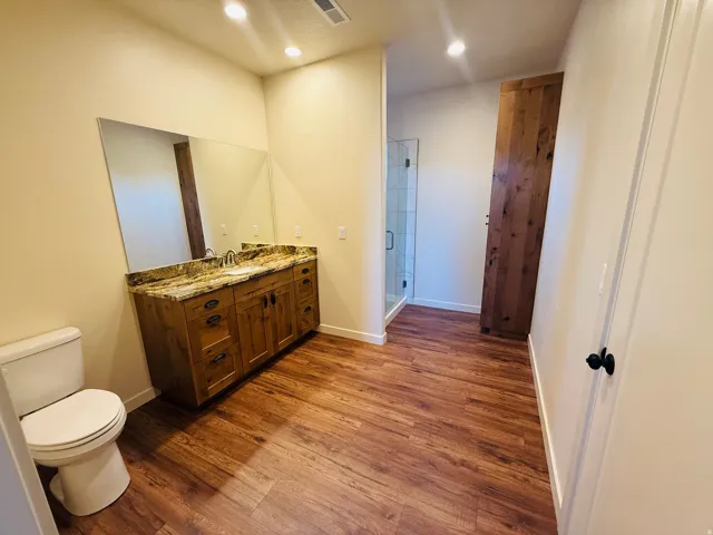 Master Bathroom featuring vanity, a stall shower, dark wood-style floors, and recessed lighting