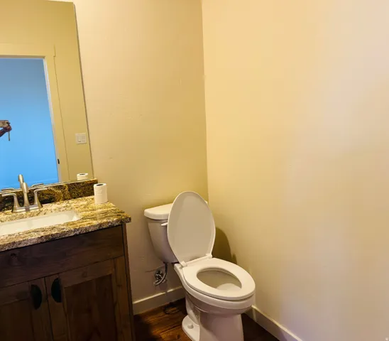 Half bath with vanity and dark wood-type flooring
