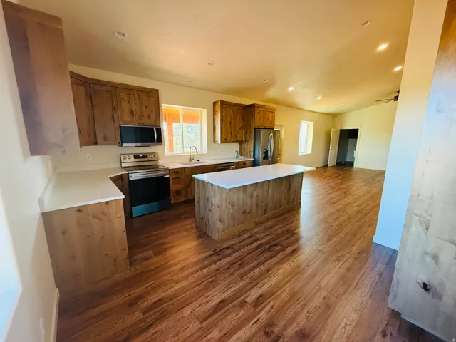 Kitchen with stainless steel appliances, light countertops, wood finish cabinets, dark wood-style floors, and recessed lighting
