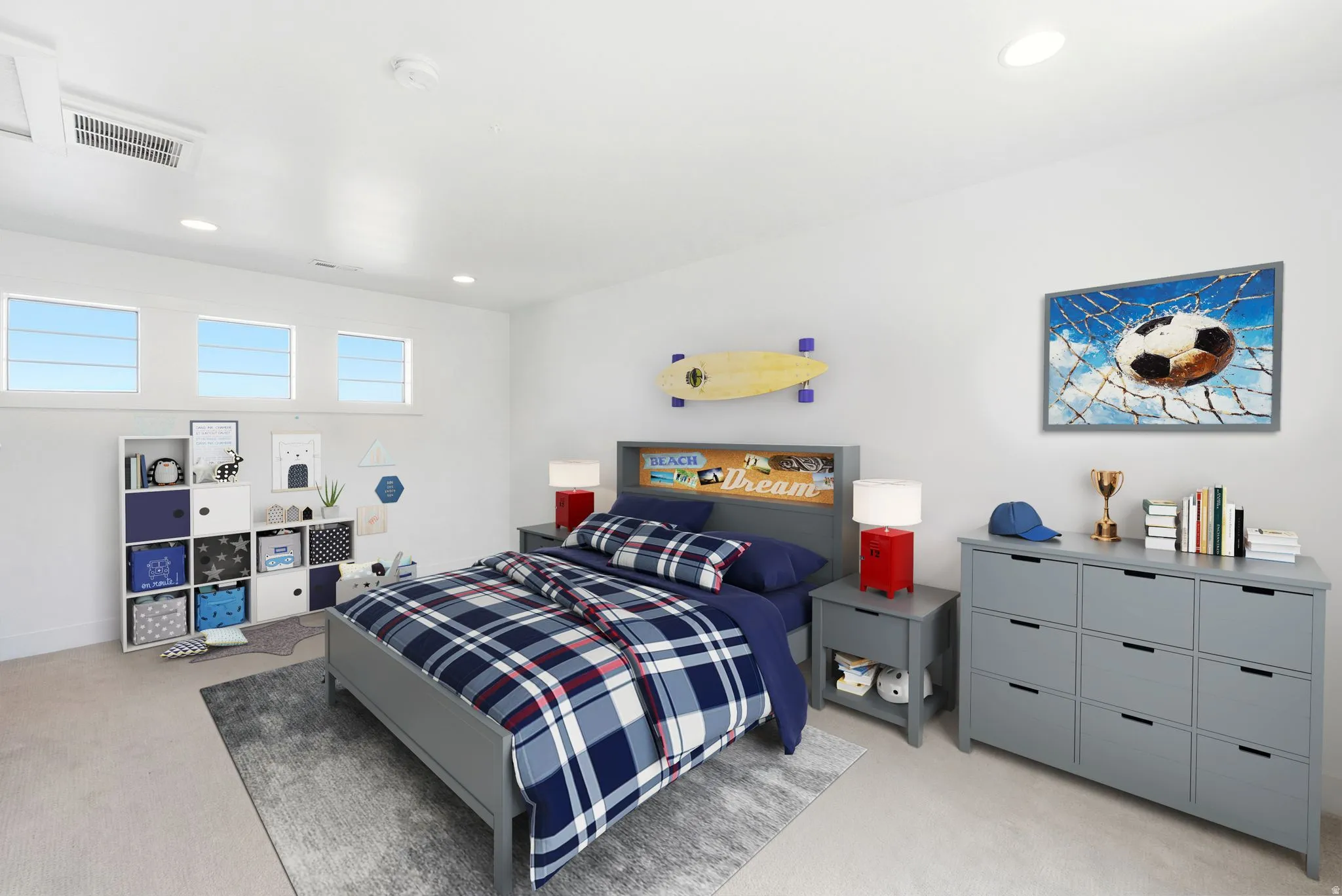 Virtually staged Bedroom with light colored carpet and recessed lighting