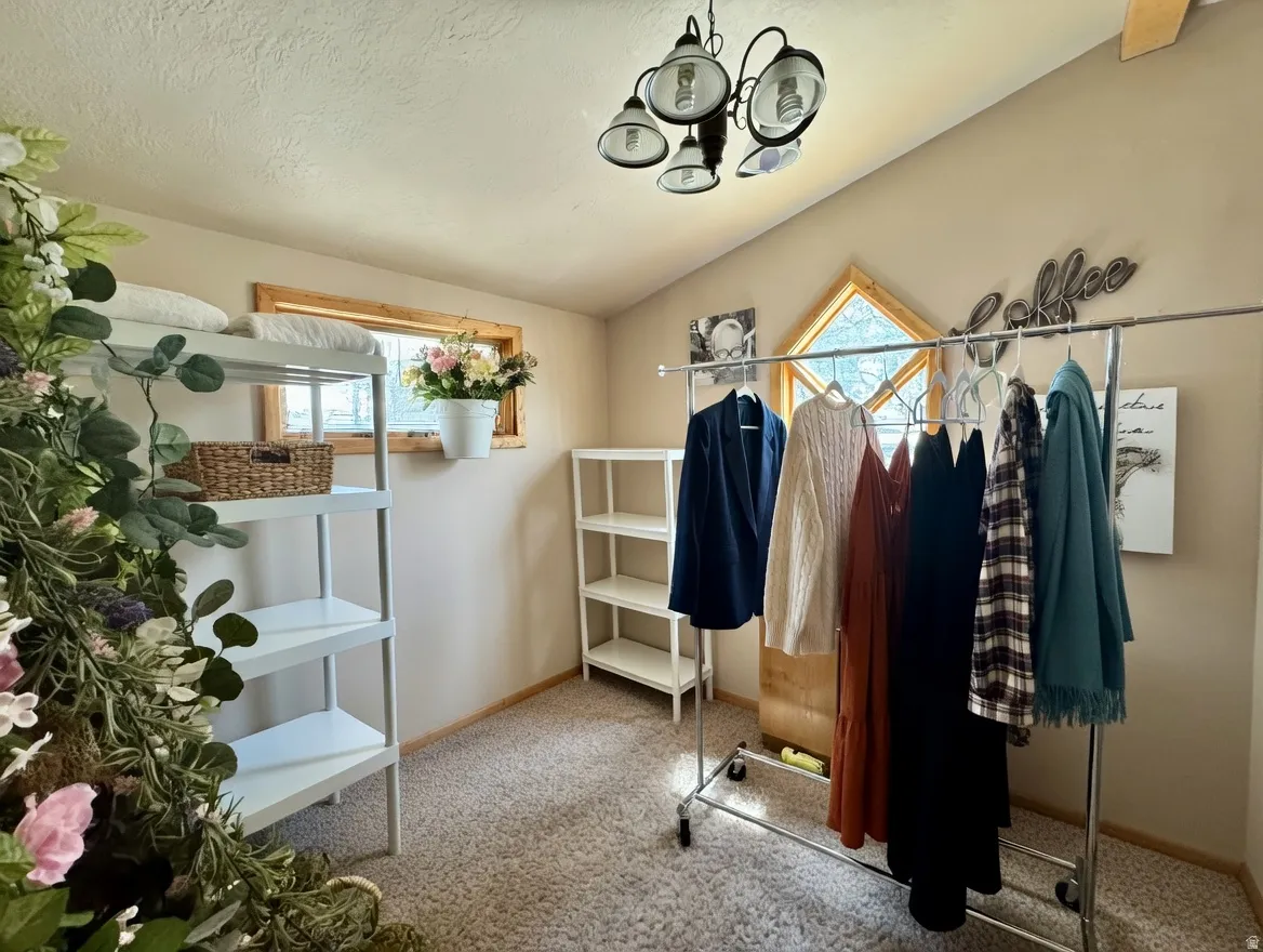 Walk in closet with vaulted ceiling, light carpet, and suspended lighting