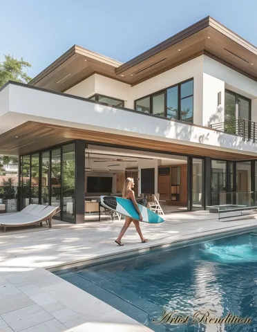 Rear view of house with stucco siding, a sunroom, and an outdoor pool