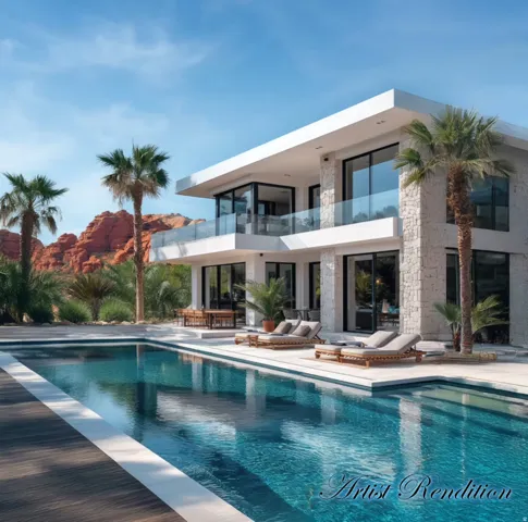 Back of property with a balcony, an outdoor pool, stone siding, a patio area, and stucco siding