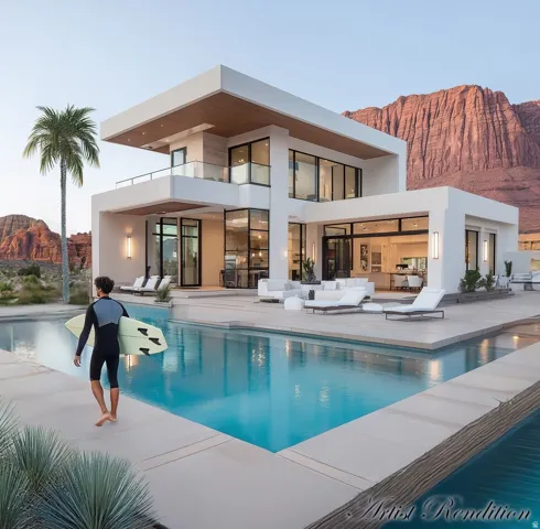 Back of property at dusk featuring a balcony, a mountain view, an outdoor pool, a patio, and stucco siding