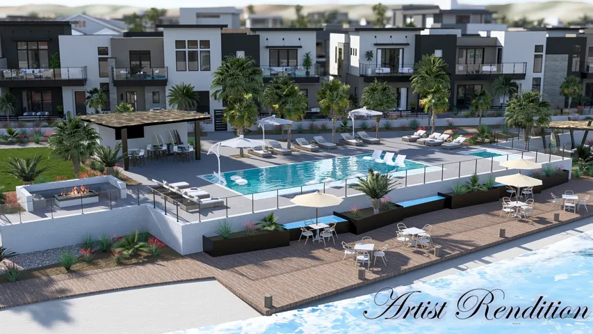 Community pool featuring outdoor dining space, a patio area, and a fire pit