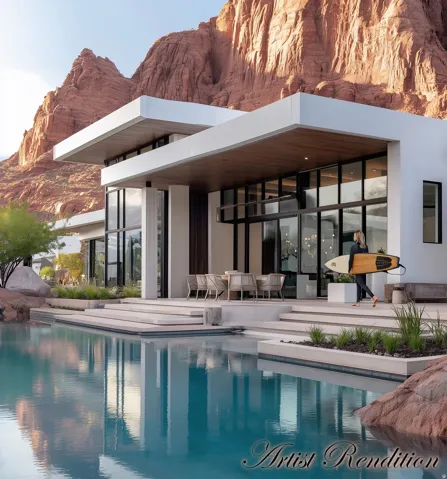 Swimming pool with a patio area and a mountain view