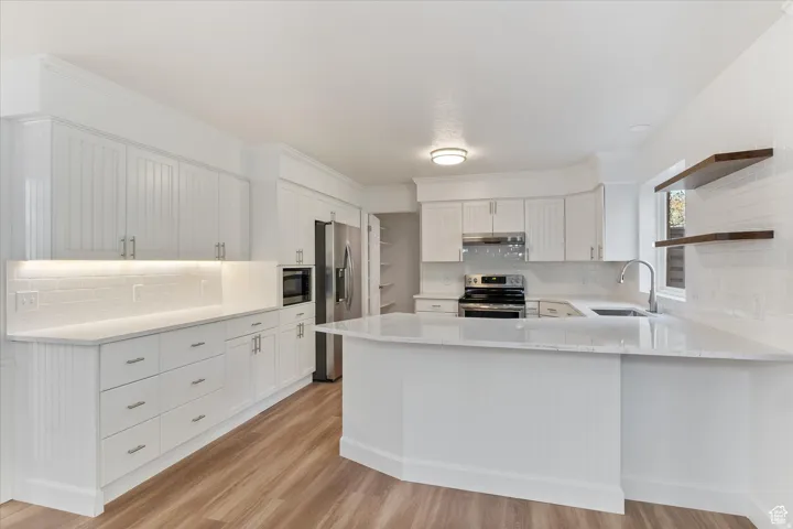 Kitchen featuring a peninsula, white cabinets, tasteful backsplash, stainless steel appliances, and light stone counters