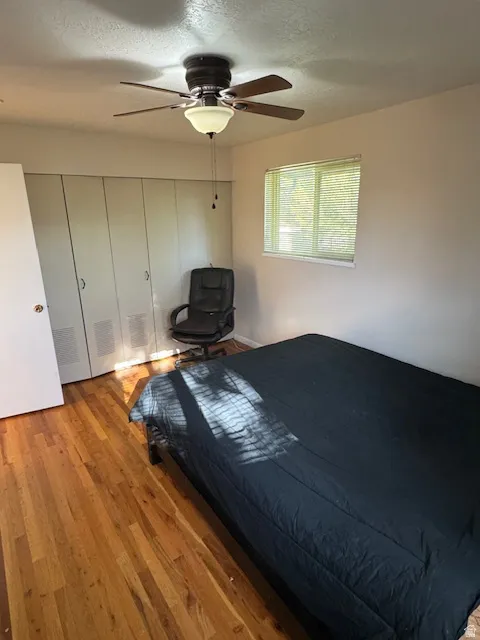 Bedroom featuring hardwood / wood-style flooring, a textured ceiling, and a ceiling fan