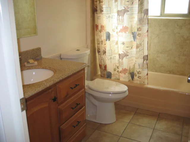 Full bathroom with vanity, shower / bath combination with curtain, and light tile patterned floors
