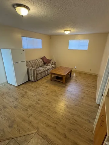 Living room with a textured ceiling and light wood finished floors