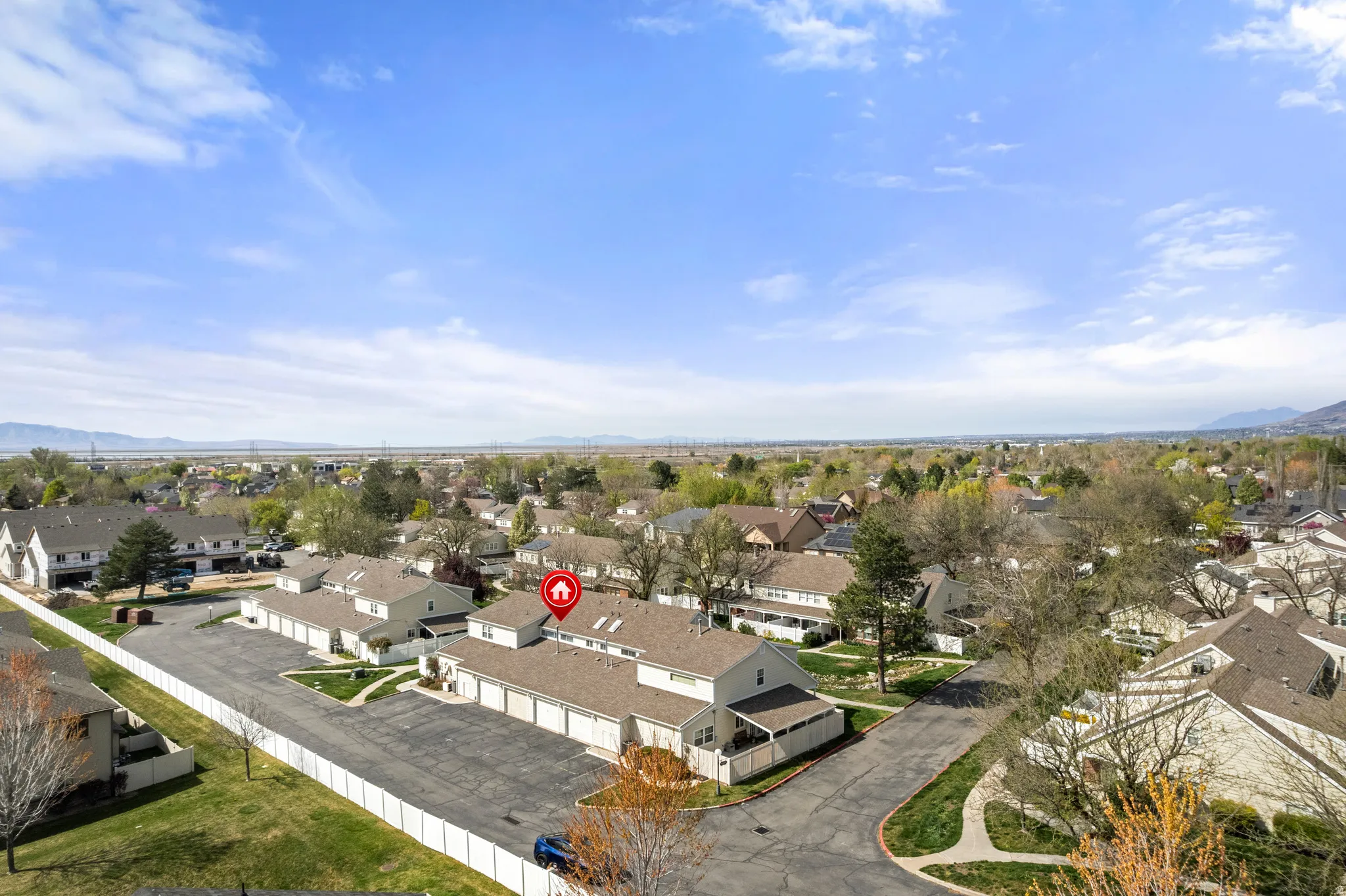 Aerial view of residential area with mountains