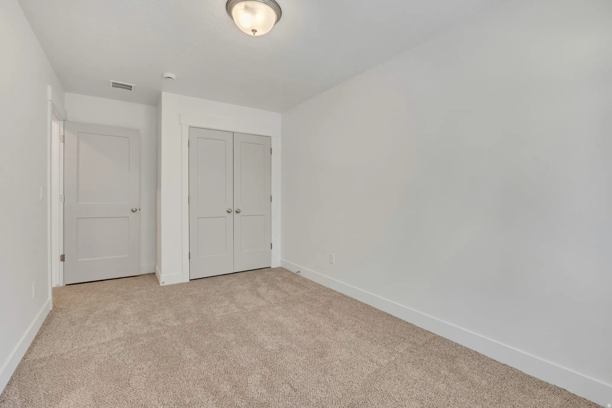 Neutral wall color with white trim and plush carpet flooring