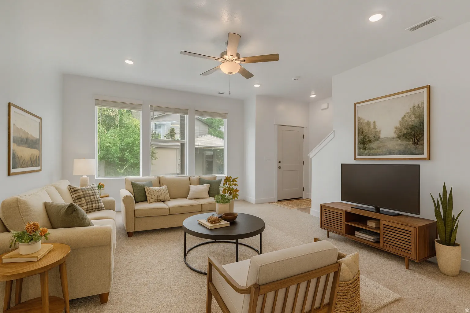Spacious living area featuring large windows, recessed lighting, a ceiling fan, and carpeted flooring