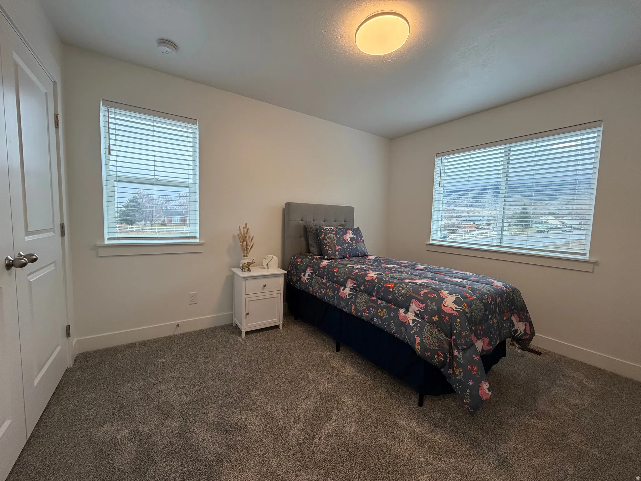 Bedroom with dark carpet and multiple windows