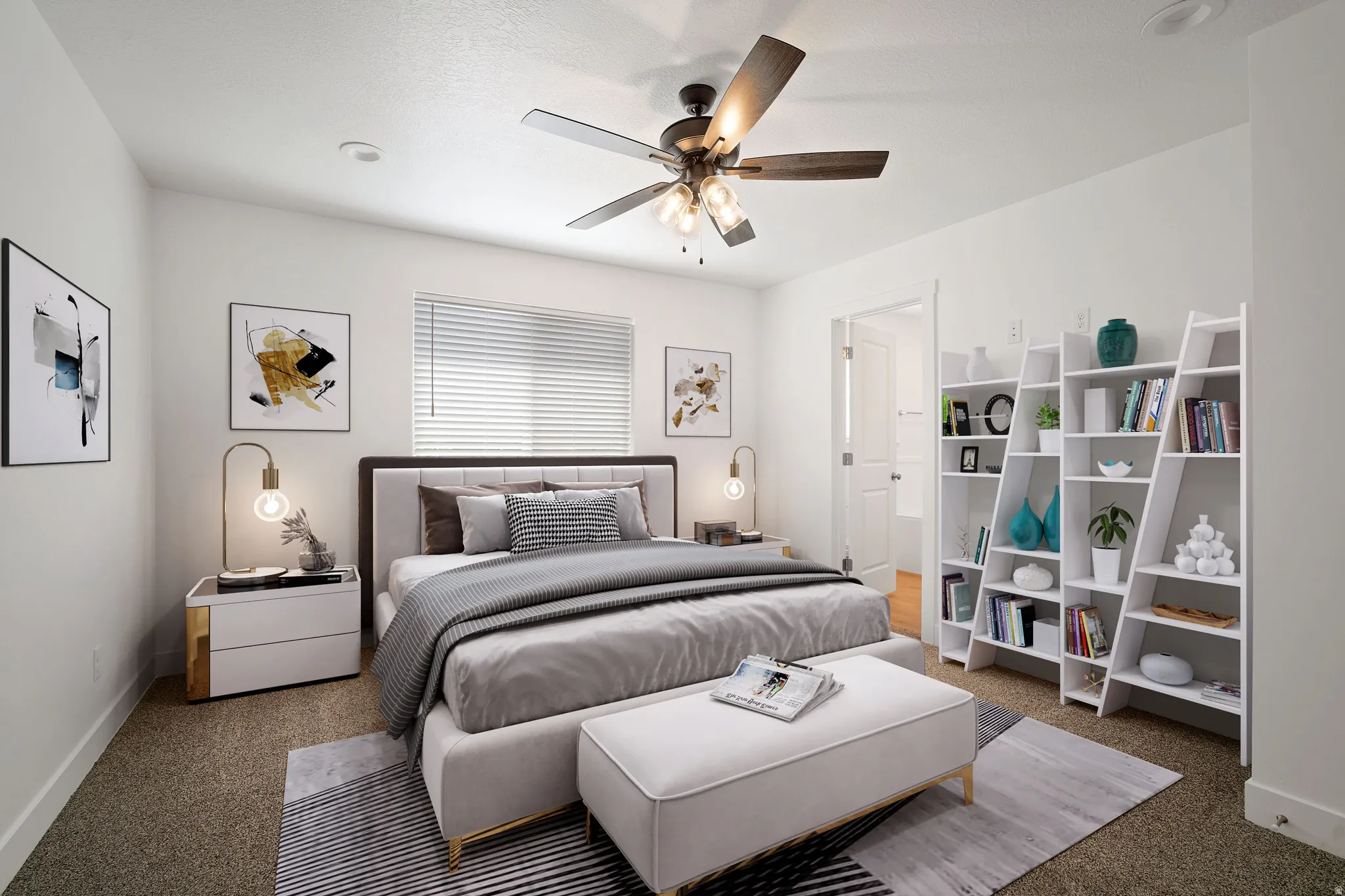 Carpeted bedroom featuring baseboards and ceiling fan