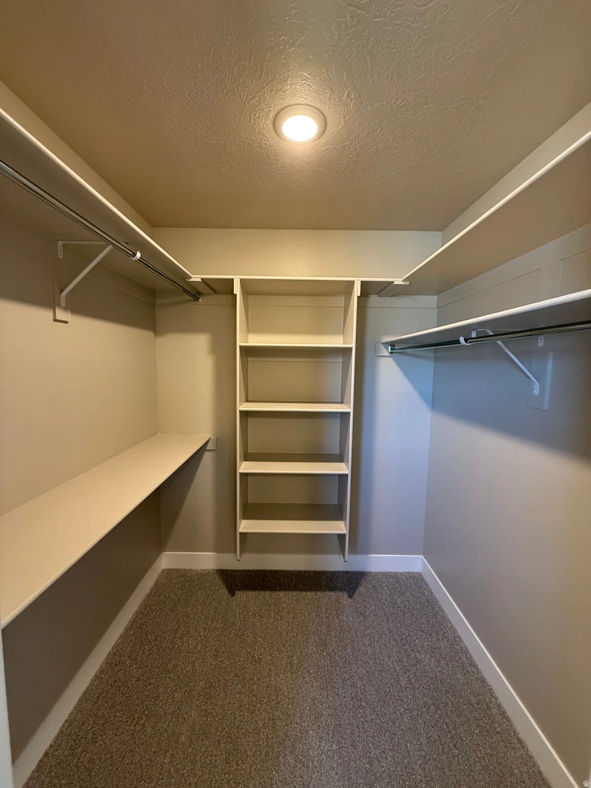 Walk in closet featuring dark colored carpet