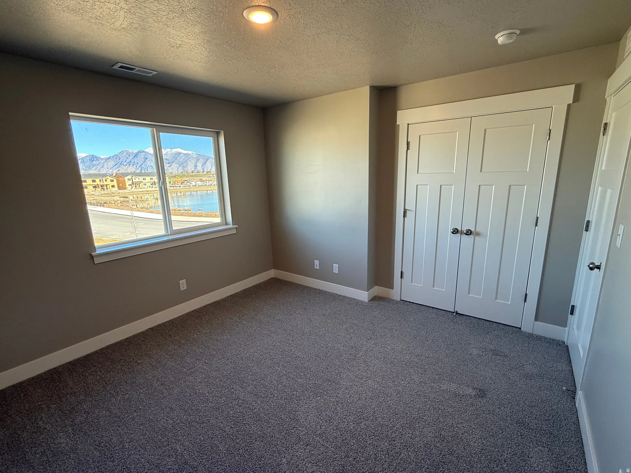 Unfurnished bedroom featuring carpet flooring, a textured ceiling, a closet, and a mountain view