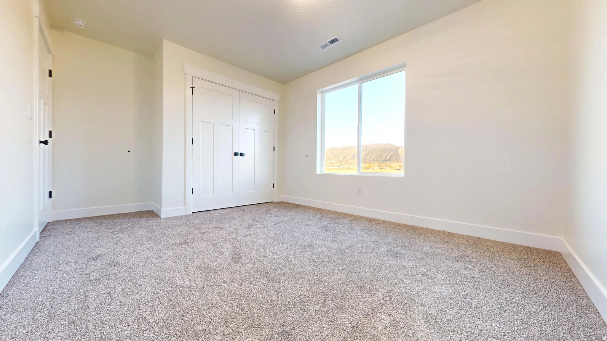 Unfurnished bedroom featuring light carpet and a closet
