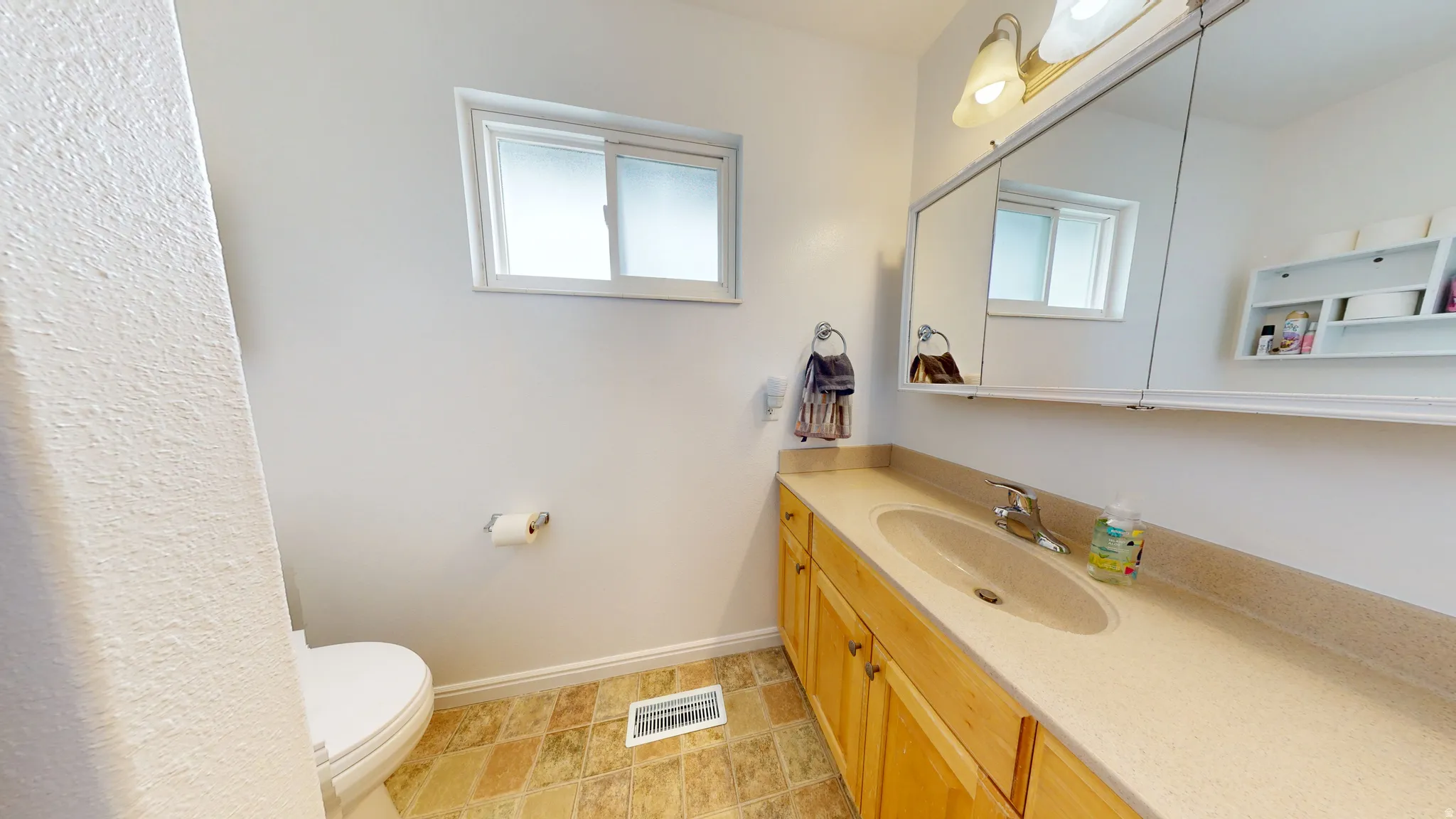 Half bath with vanity and healthy amount of natural light