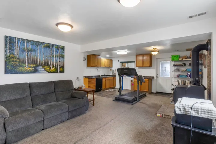 Living room featuring carpet flooring and a wood stove