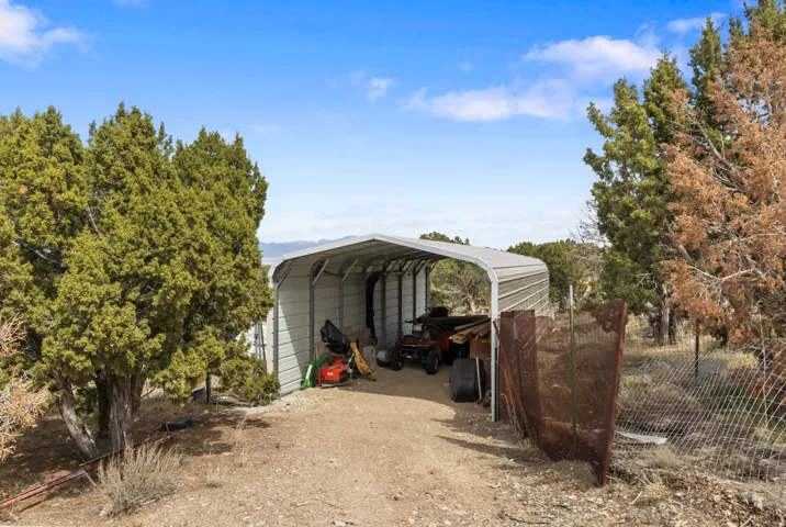 View of outdoor structure with a carport and dirt driveway
