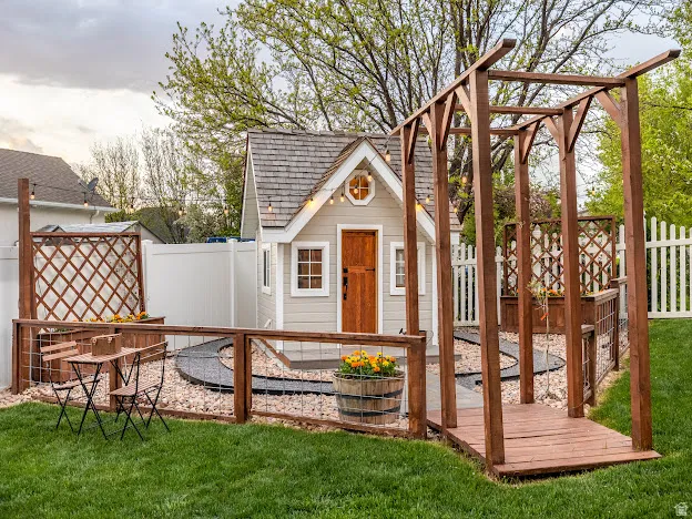 View of shed featuring a fenced backyard