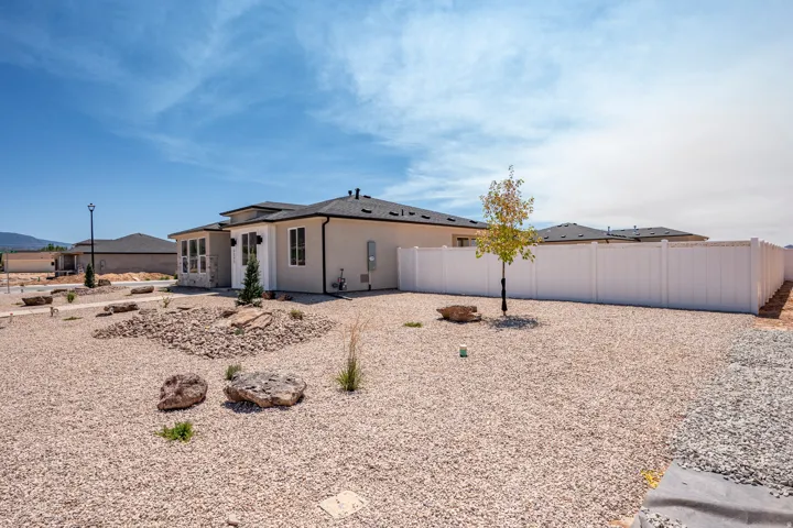Xeriscape landscaping featuring decorative rocks and a young tree