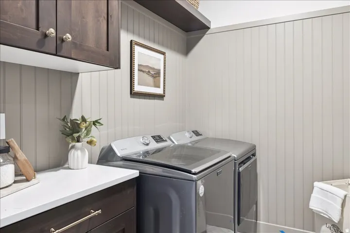 Laundry area featuring vertical plank wall paneling