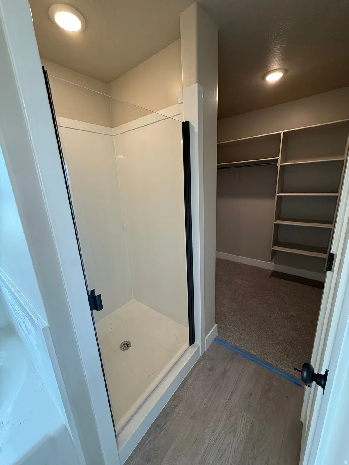 Full bath featuring a walk in closet, a stall shower, light wood-style floors, recessed lighting, and light colored carpet