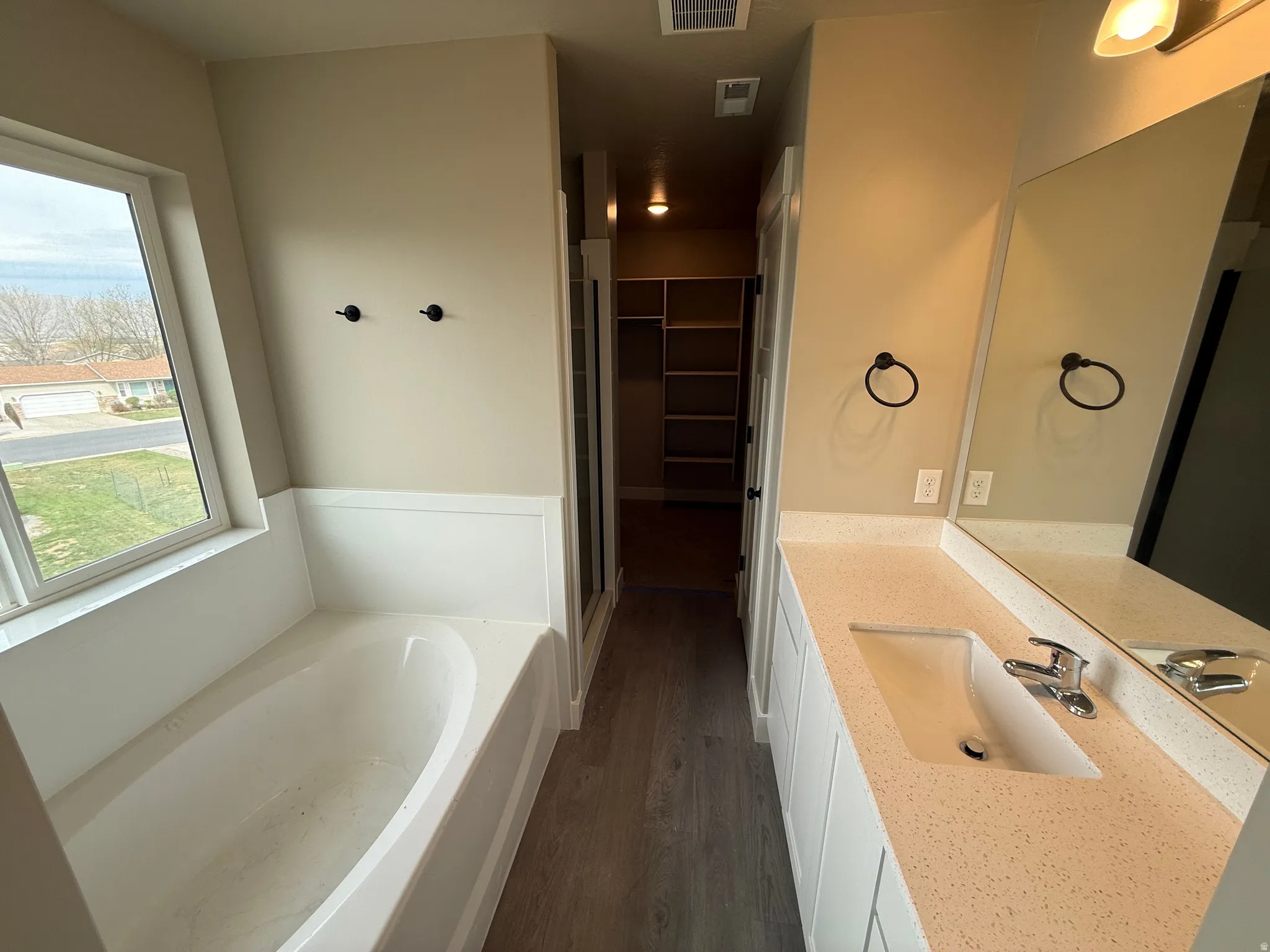 Bathroom with vanity, a bath, a spacious closet, dark wood-style floors, and a stall shower