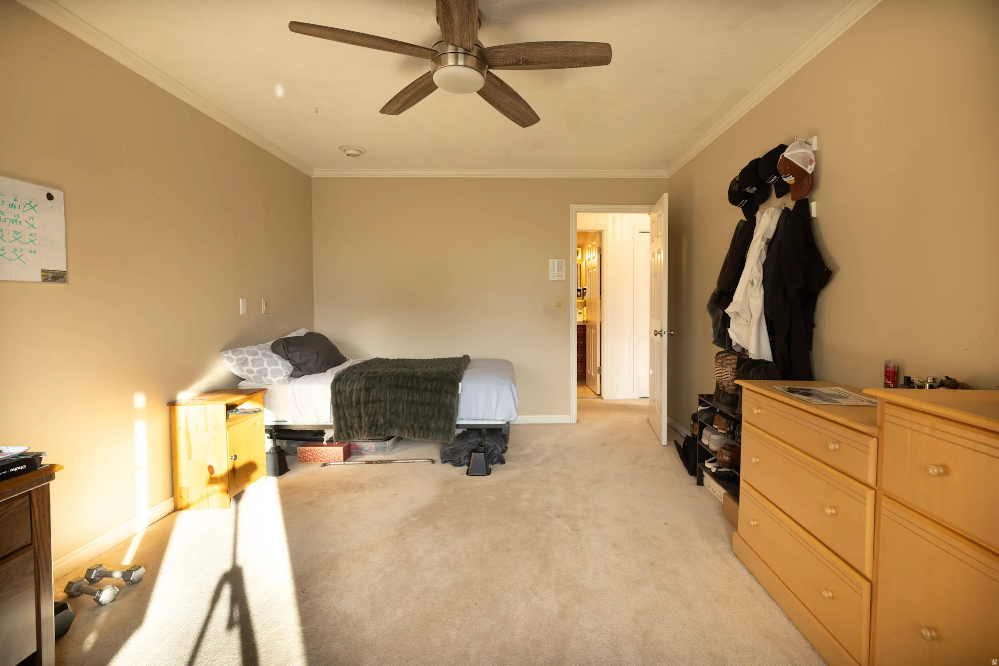 Bedroom featuring ornamental molding, light colored carpet, and a ceiling fan