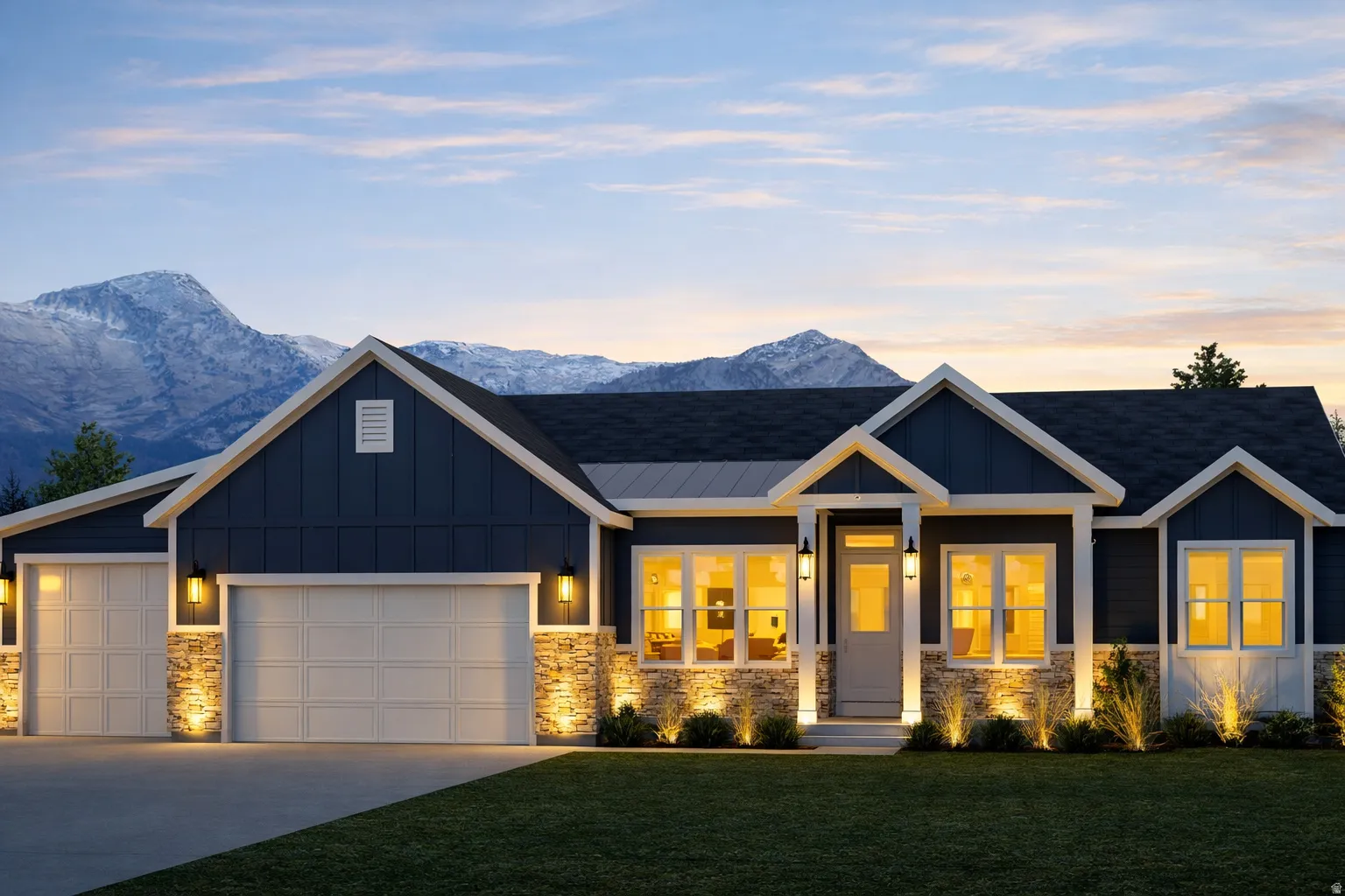 View of front facade with board and batten siding, stone siding, a yard, and concrete driveway