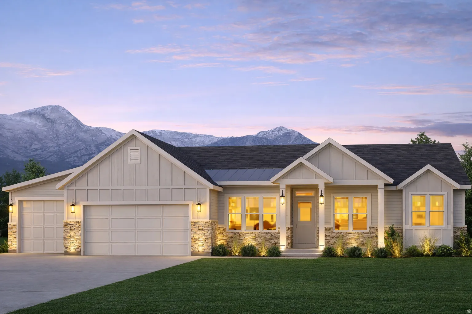 View of front of home with board and batten siding, a front yard, and stone siding