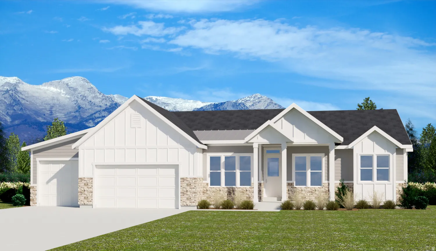 Modern farmhouse with stone siding, a front lawn, board and batten siding, and a garage