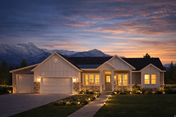 View of front facade featuring board and batten siding, a garage, a porch, and a front lawn