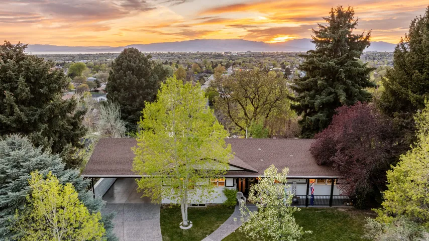 Aerial view of property and surrounding area featuring a mountain backdrop and a tree filled landscape
