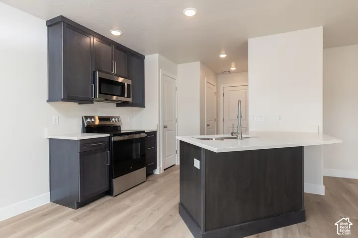 Kitchen with stainless steel appliances, a peninsula, light wood finished floors, a breakfast bar, and recessed lighting