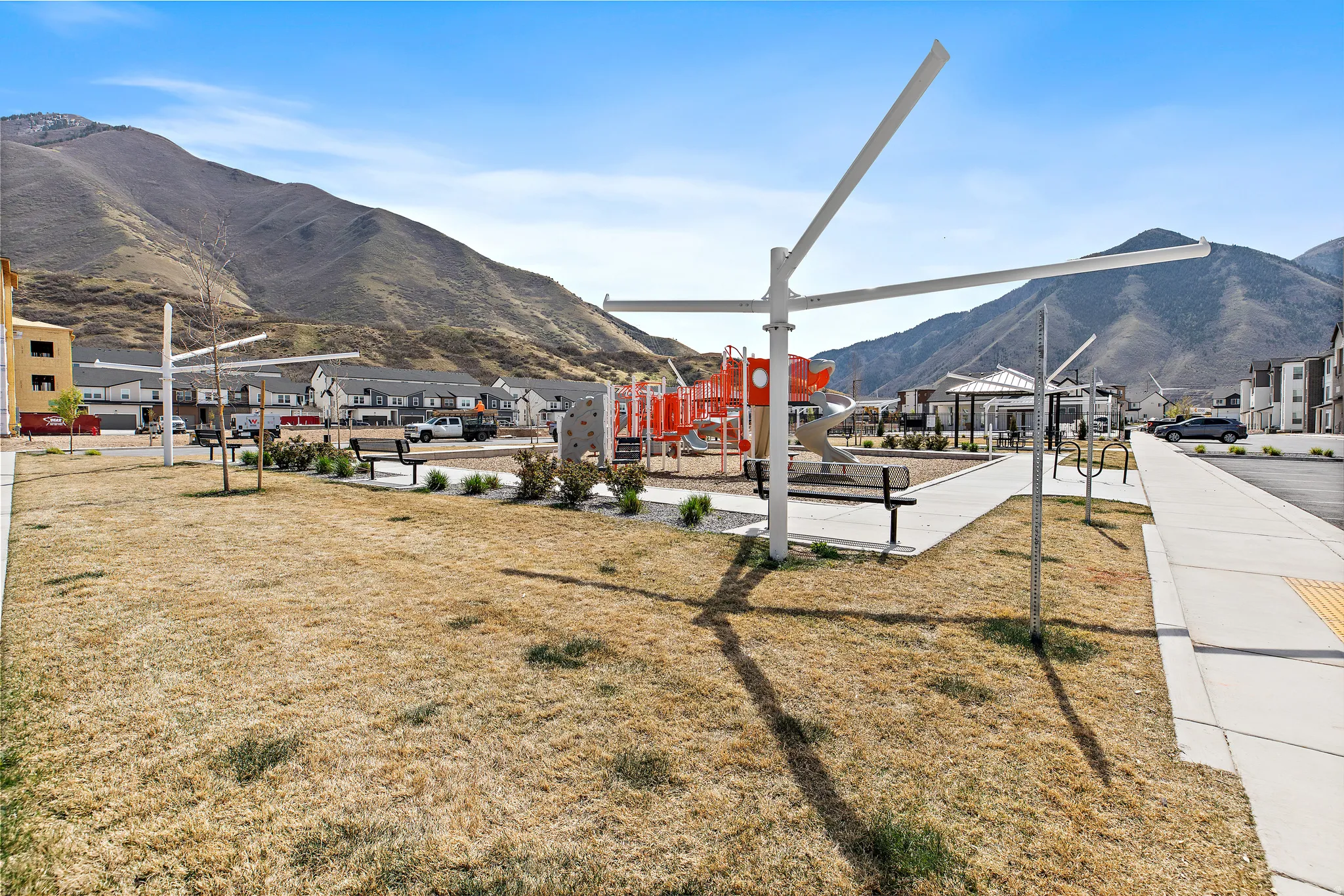 View of mountain backdrop with nearby suburban area