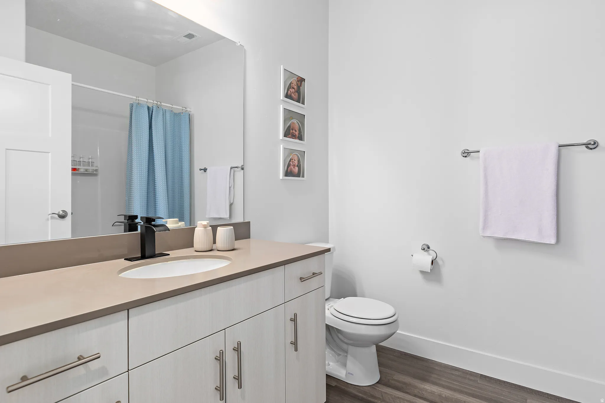 Full bathroom with vanity, curtained shower, and dark wood-style floors