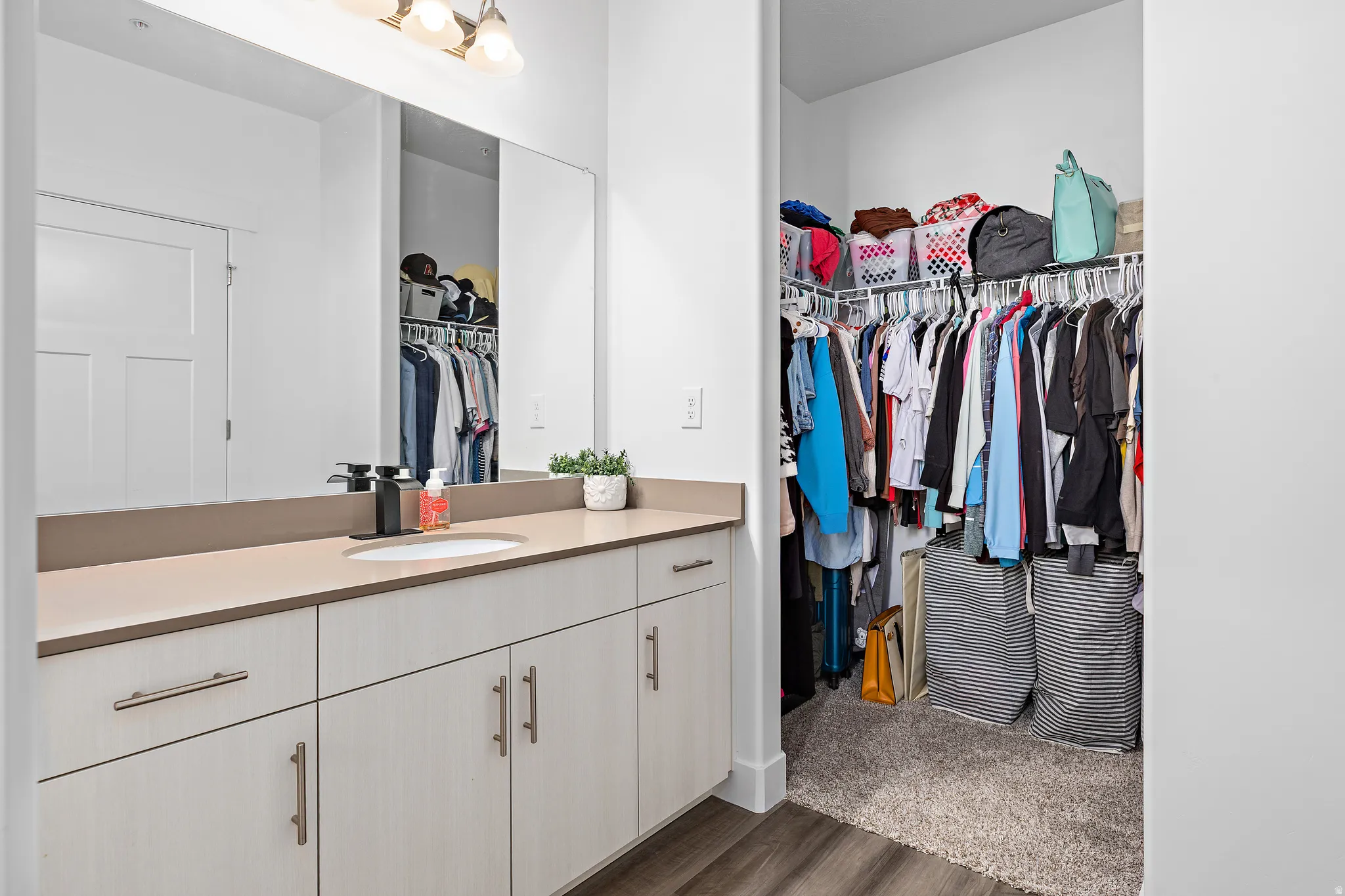 Bathroom with vanity, a walk in closet, and dark wood-style floors