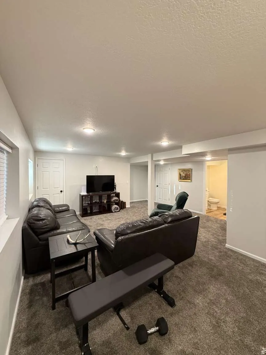 Carpeted living area with baseboards and a textured ceiling