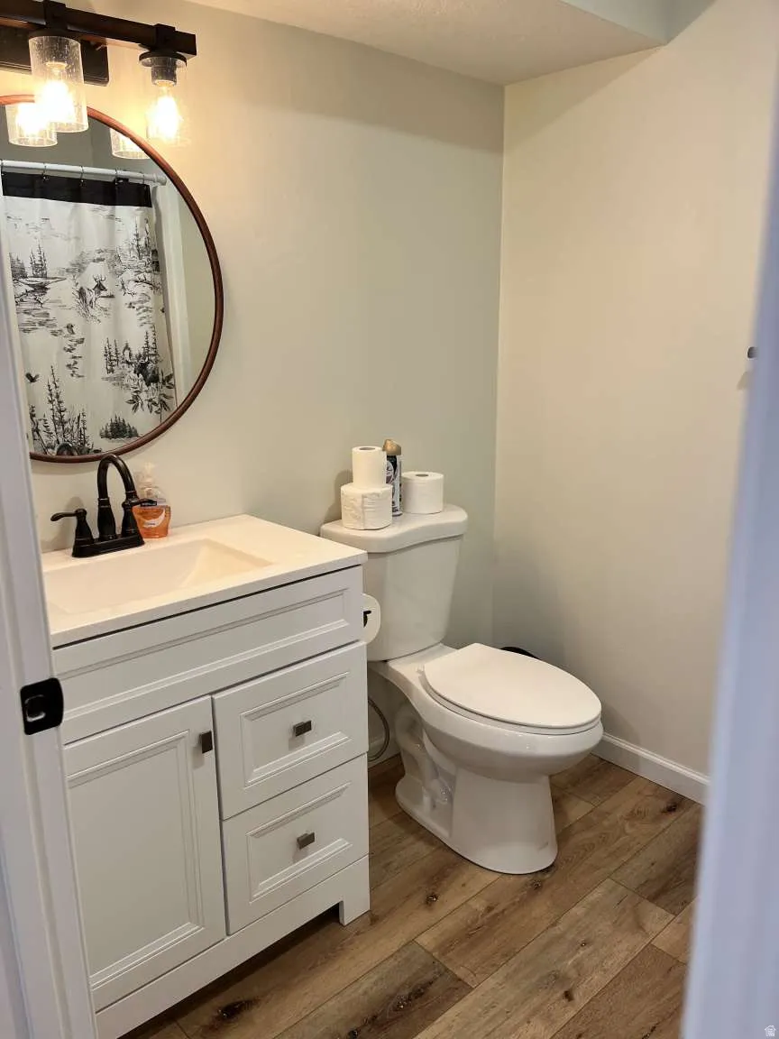 Bathroom with vanity, dark wood finished floors, a shower with curtain, and a textured ceiling