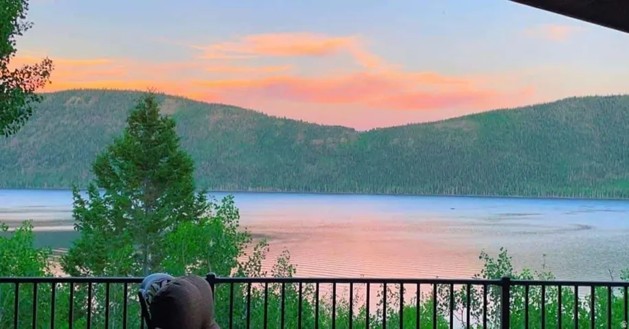 Water view featuring a forest and a mountainous background